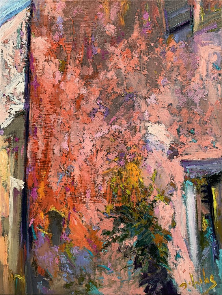 "On The Wall", oil on linen, pink wall with shadow, by Zitnik 2025